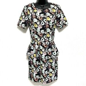 H&M Woman Black Blue Floral Peplum Midi Dress Size 4